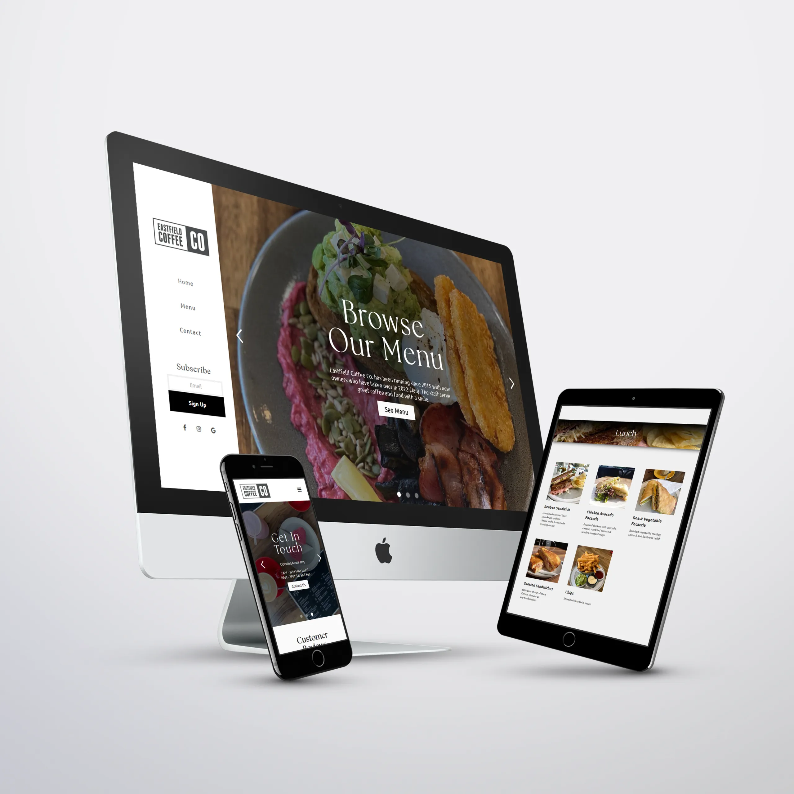 Eastfield Coffee Co. website displayed on Desktop, tablet, and phone.